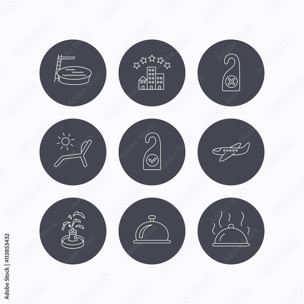Hotel, swimming pool and beach deck chair icons. Stock Vector | Adobe Stock