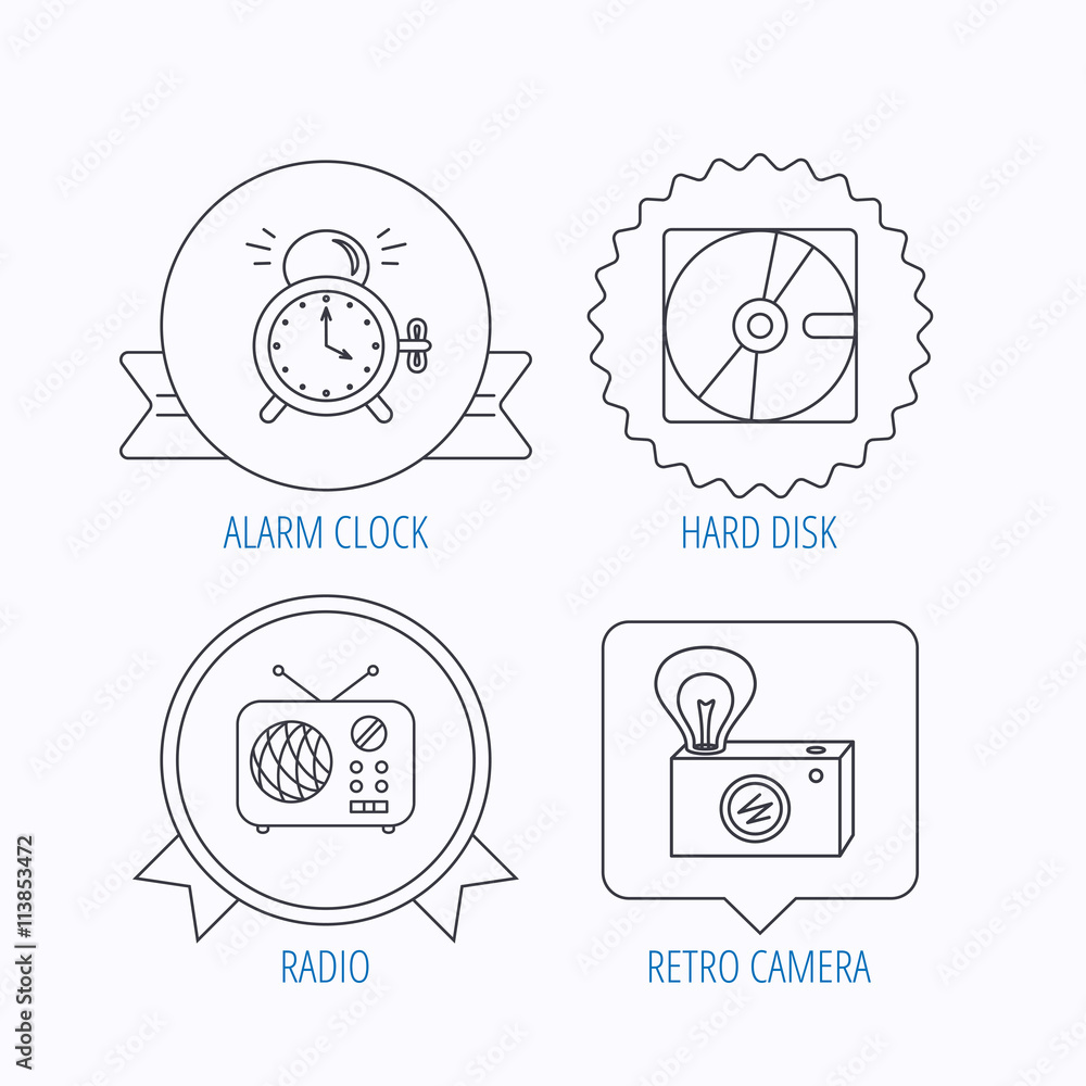 Radio, retro camera and alarm clock icons. Radio, retro camera and alarm clock icons.