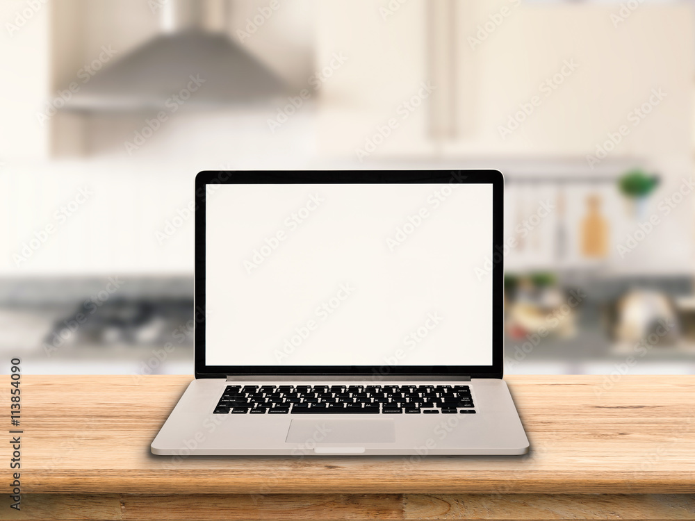 blank screen notebook with kitchen background blank screen notebook with kitchen background