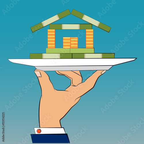 hand holding tray with money, bank loan cash giving, credit packet, hypothec, mortgage, salary payment.