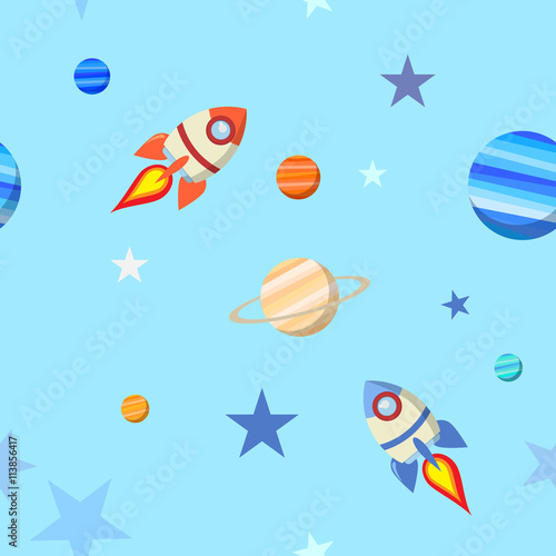 seamless pattern space background with Planets, rockets, stars,