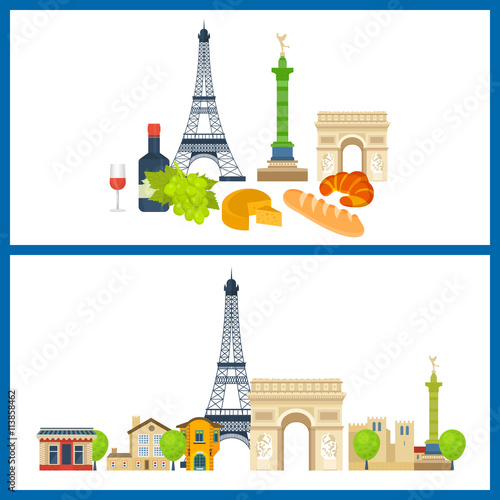 French Landmarks. Eiffel tower, Notre Dame in Paris, France