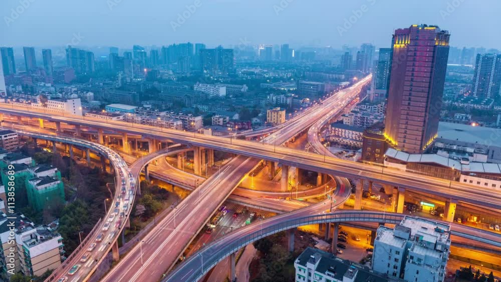 city highway overpass in hangzhou , time lapse of bright lights and traffic at dusk to night city highway overpass in hangzhou , time lapse of bright lights and traffic at dusk to night