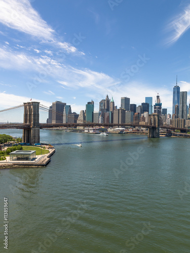 New York City Manhattan downtown buildings skyline Brooklyn Bridge