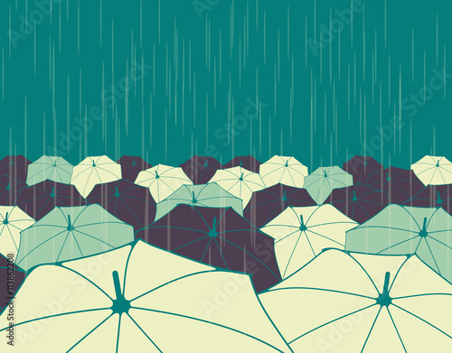a field of umbrellas under the rain, in blue green, ivory, and brown