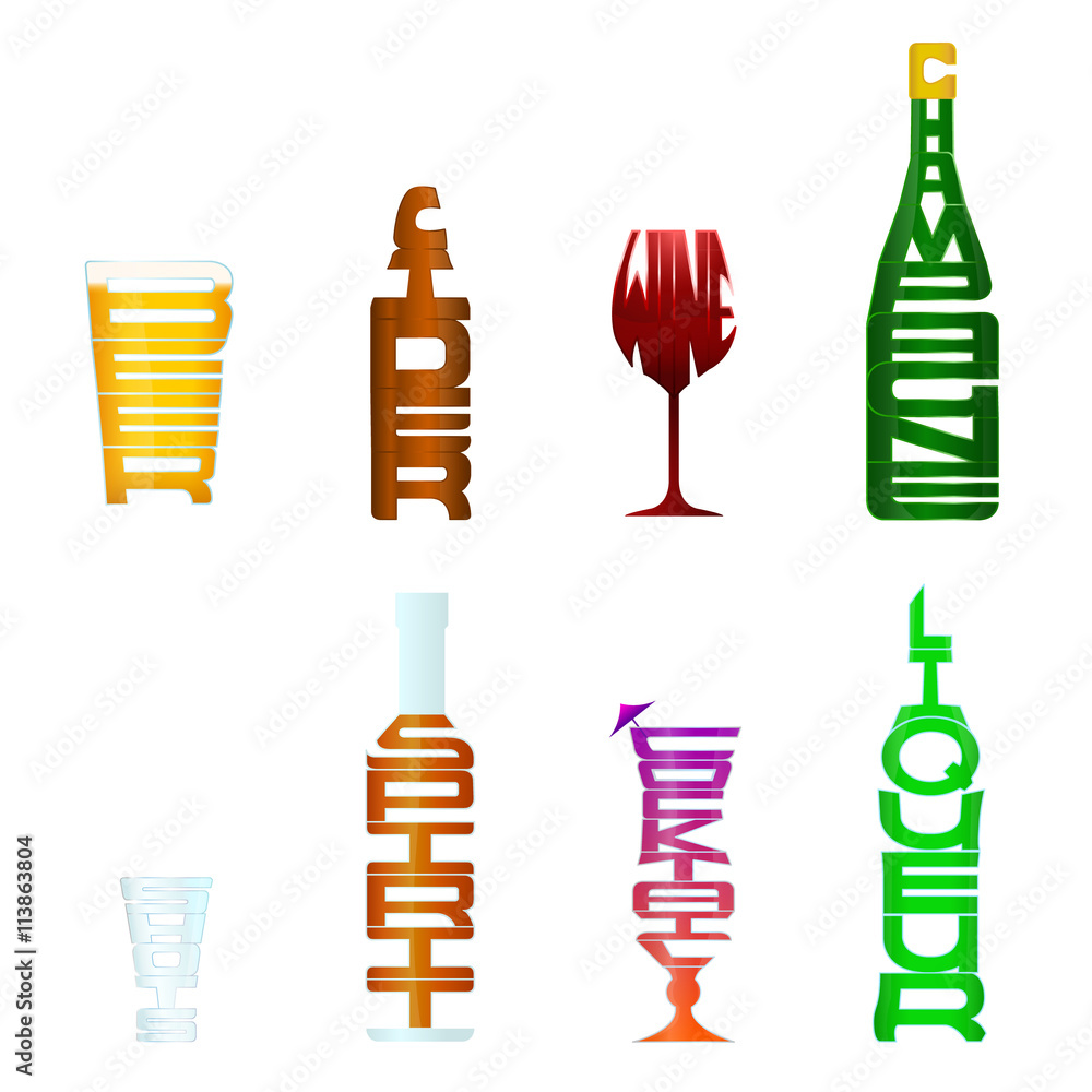 A collection of 8 different types of alcohol using figurative typography.

A silhouette of each item is available on a seperate  layer within the vector file.