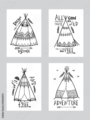 Boho style Cards with Wigwam or Teepee.