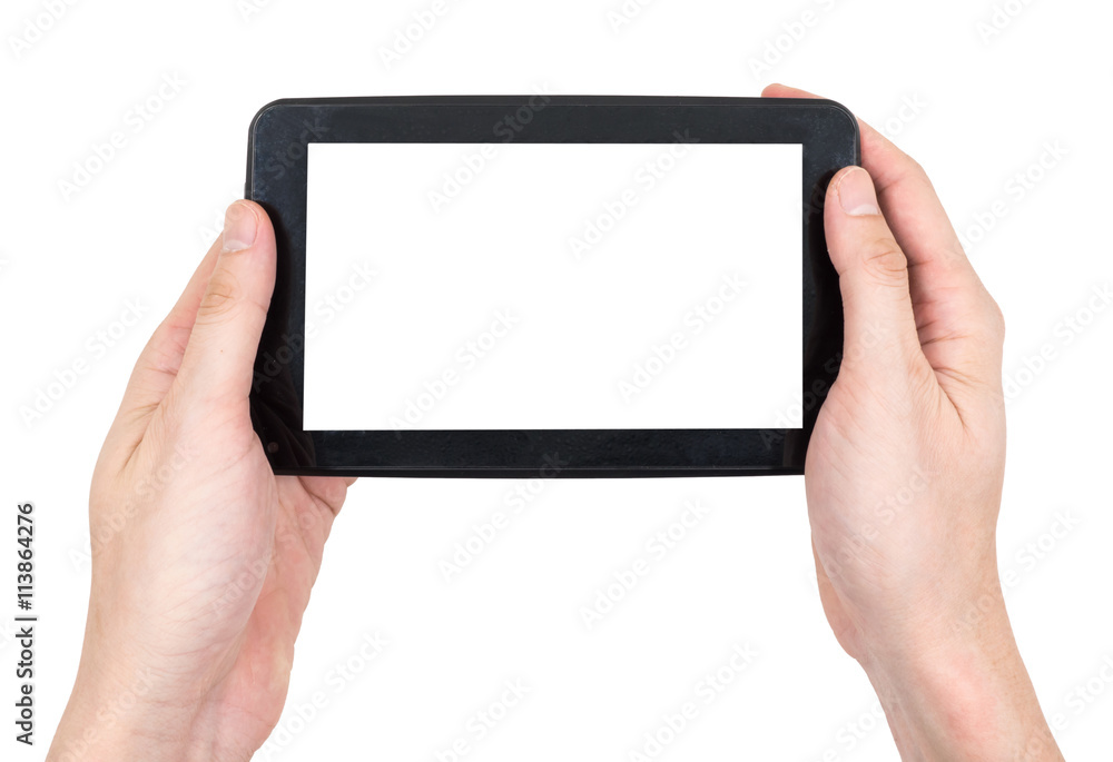 Male hands holding a tablet touch computer gadget with touch blank white screen on white background. Male hands holding a tablet touch computer gadget with touch blank white screen on white background.