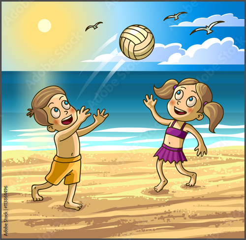 Childrens summer activities. Happy kids boy and girl are playing with ball on sbeach. photo