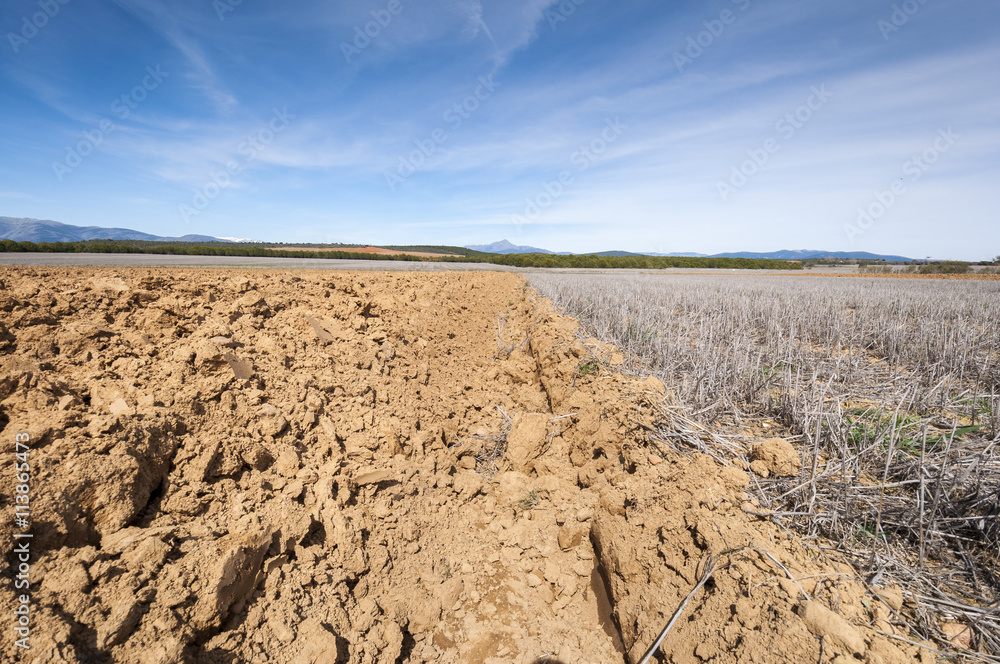 Ploughed and stubble fields in an agricultural landscape in Guadalajara Province, Spain Ploughed and stubble fields in an agricultural landscape in Guadalajara Province, Spain