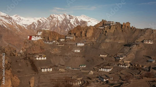 Time lapse of Dhankar Gompa Monastery (3894 m) at sunset. Spiti valley, Himachal Pradesh, India.