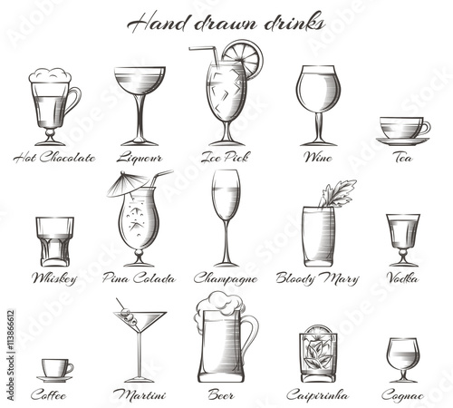 Hand drawn drinks. Vector sketch of alcoholic and non-alcoholic beverages
