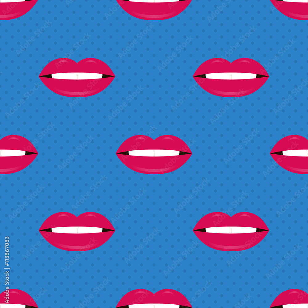 Cute polka dots lips seamless pattern background. Pop art style lips background. Cute polka dots lips seamless pattern background. Pop art style lips background.