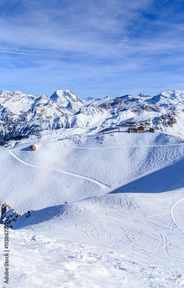 View of snow covered Courchevel slope in French Alps. Ski Resort 