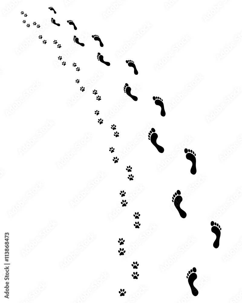 Black footprints of man and dog,turn left, vector Black footprints of man and dog,turn left, vector