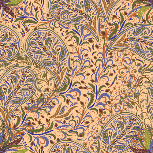 Paisley vintage floral motif ethnic seamless background. Printable colors abstract lace pattern. Editable colors without losing seamlessly. Hand drawing motley wallpaper. EPS-8 vector buta texture