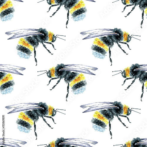 Watercolor Bumblebees seamless pattern.