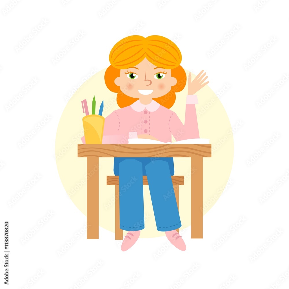 Schoogirl raising hand flat vector illustration. Schoogirl raising hand flat vector illustration.