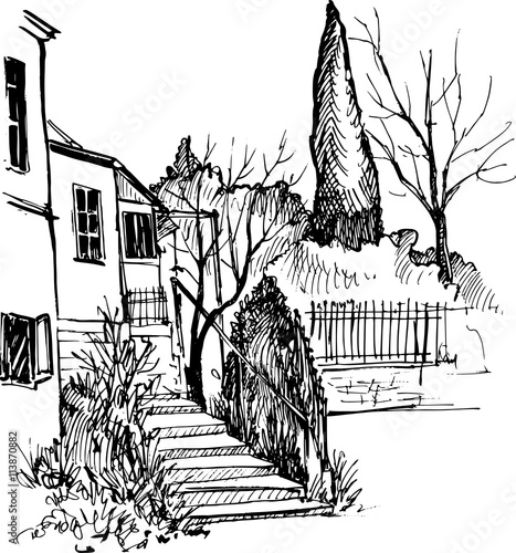 urban sketch, house in the park,vector illustration