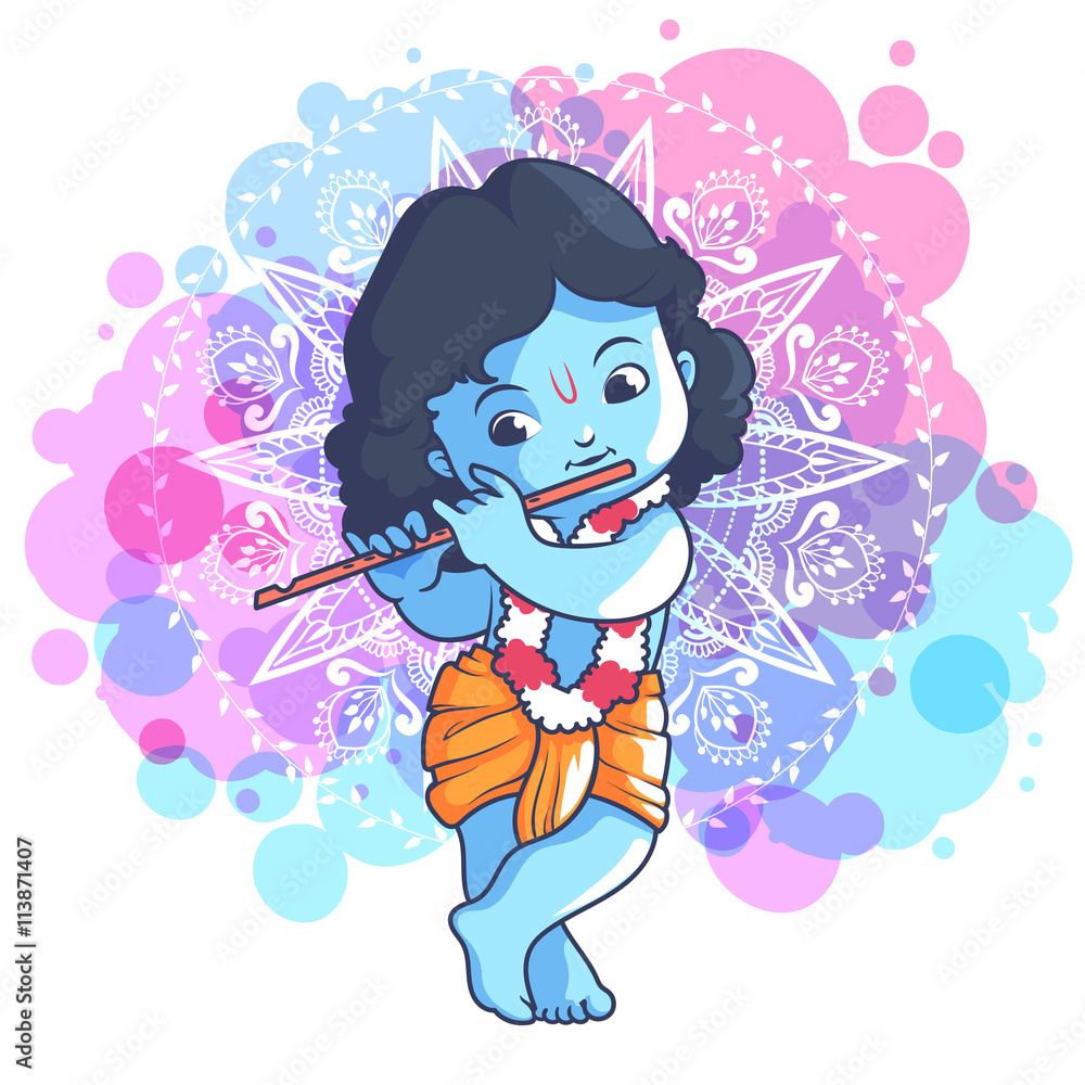Little cartoon Krishna with a flute. Stock Vector | Adobe Stock