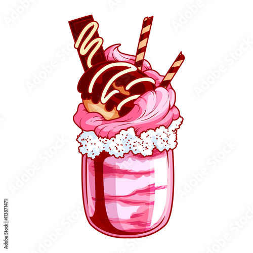Giant milkshake with donut, strawberry ice cream, chocolate and