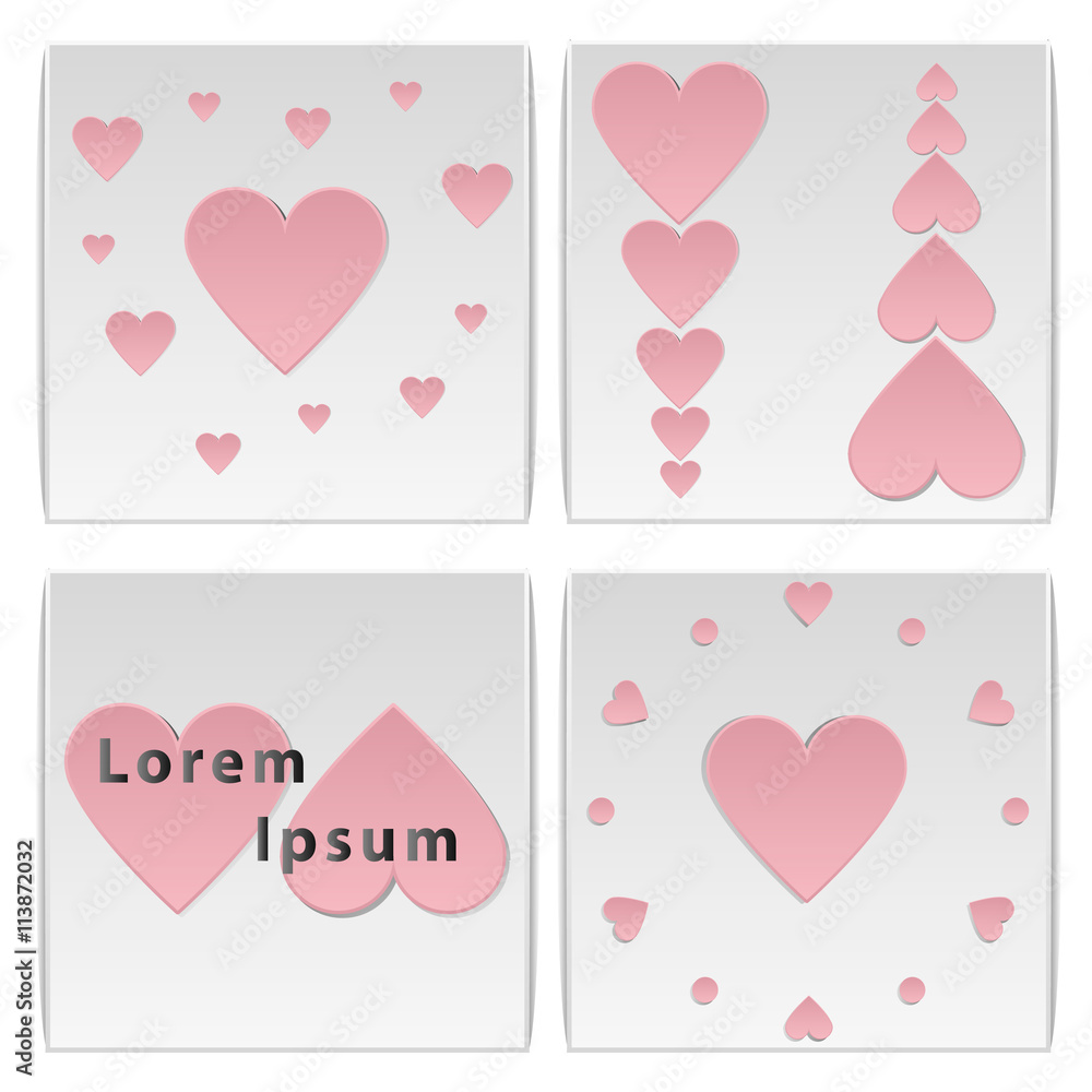 vector illustration set of paper cards with pink paper hearts love