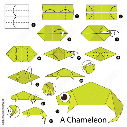 Step by step instructions how to make origami A Chameleon.