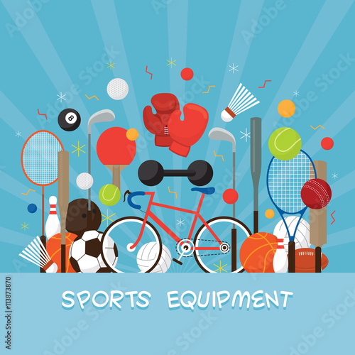 Sports Equipment, Flat Icons Display Label, Objects, Recreation and Leisure, Blue Background