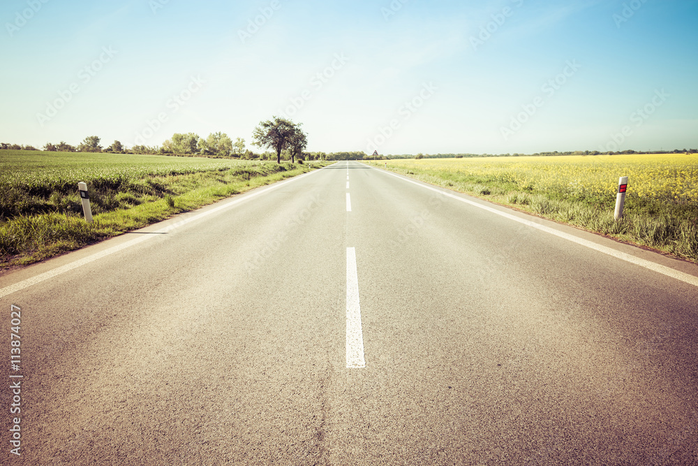 Road through the beautiful yellow field countryside landscape Road through the beautiful yellow field countryside landscape