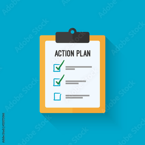 Action plan clipboard icon design over a blue background. Board goal check list icon. Vector flat style design with long shadow.