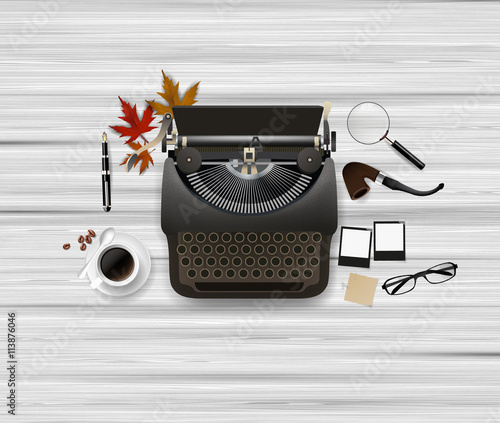 Top view of Hipster theme still life. Typewriter and other objects. Vector illustration.

