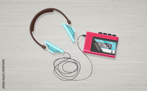 Headphones, player and retro compact cassette on wooden board. Top view flat vector illustration.


