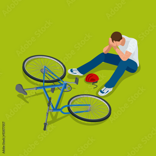 Bicycle accident. Man falls off his bicycle. Flat 3d vector isometric illustration.