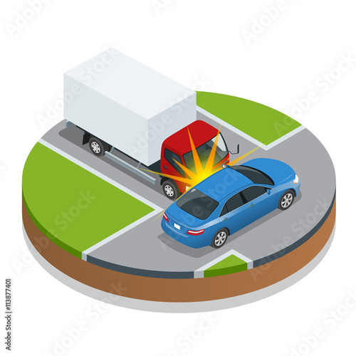 Car accident. Car crash. Flat 3d vector isometric illustration. Accident road situation danger car crash and accident road collision safety emergency transport. Accident dangerous speed.