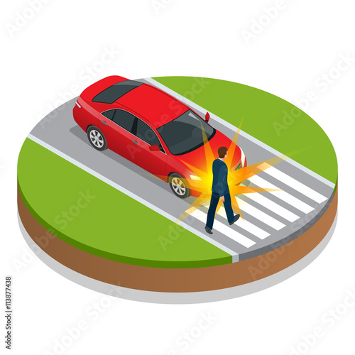 Car accident. Accident car and pedestrian. Flat 3d vector isometric illustration. Accident road situation danger car crash and accident road collision safety emergency transport.