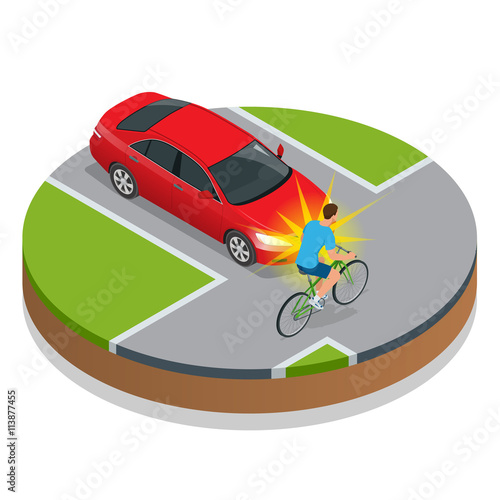 Car accident. Bike Accident With a Vehicle. Flat 3d vector isometric illustration. Accident road situation danger car crash and accident road collision safety emergency transport.
