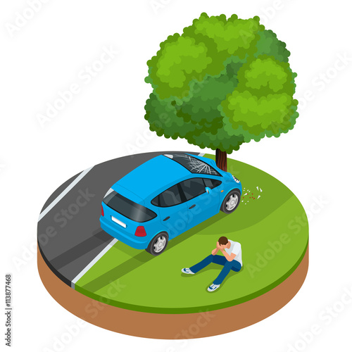 Car crashed into tree. Car crash collision traffic insurance. Car crash safety automobile emergency disaster. Auto accident involving car crash city street vector isometric illustration.