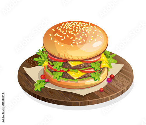 Isolated classic hamburger on wooden plate on white background. Fresh sandwich with beef, lettuce, tomato, buns and cheese. American fast food.