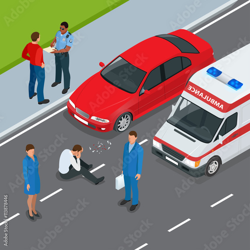 Car accident. Accident car and pedestrian. Flat 3d vector isometric illustration. Accident road situation danger car crash and accident road collision safety emergency transport.