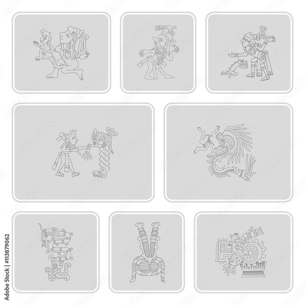 set of monochrome icons with symbols from Aztec codices for your design