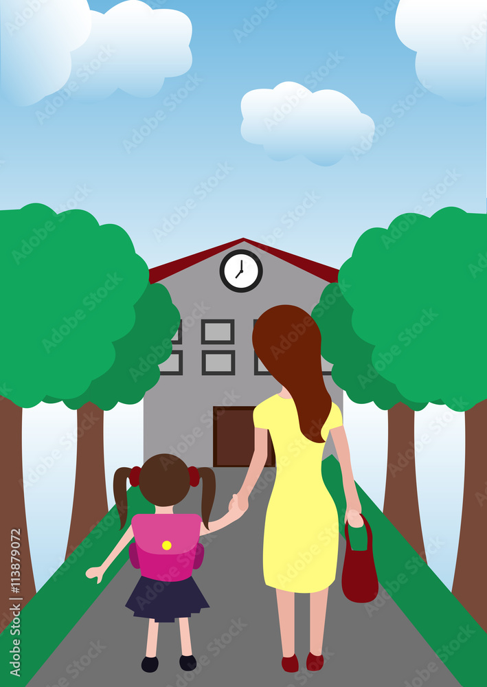 back to school illustration of little girl with mom holding hands back to school illustration of little girl with mom holding hands