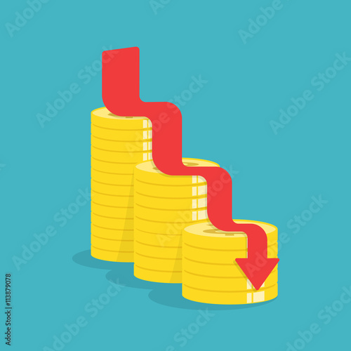 Arrow down with gold coins,...