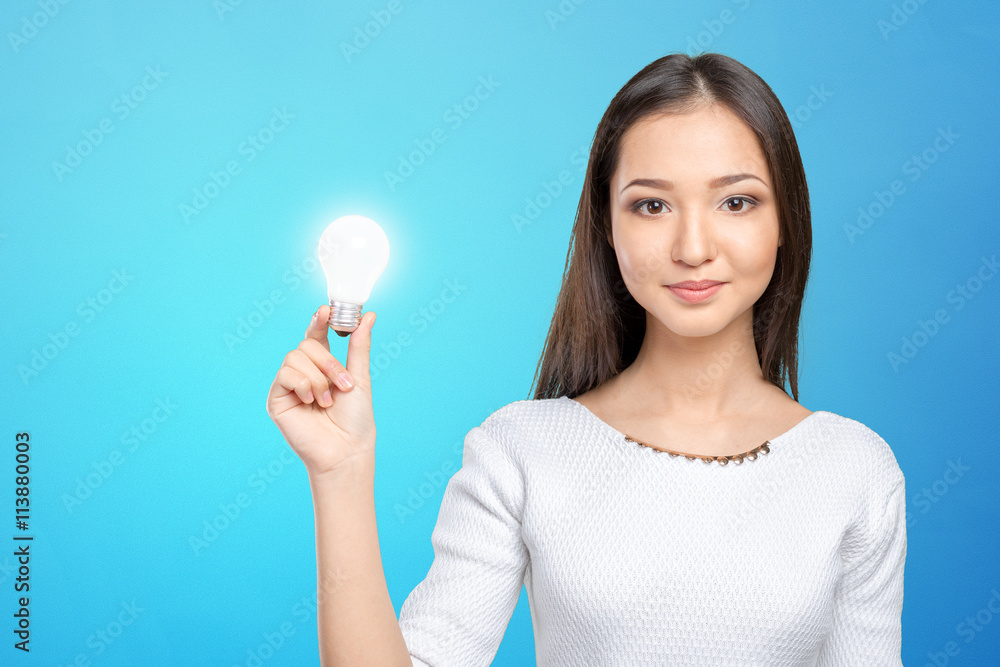 Businesswoman pressing button on visual screen Businesswoman pressing button on visual screen