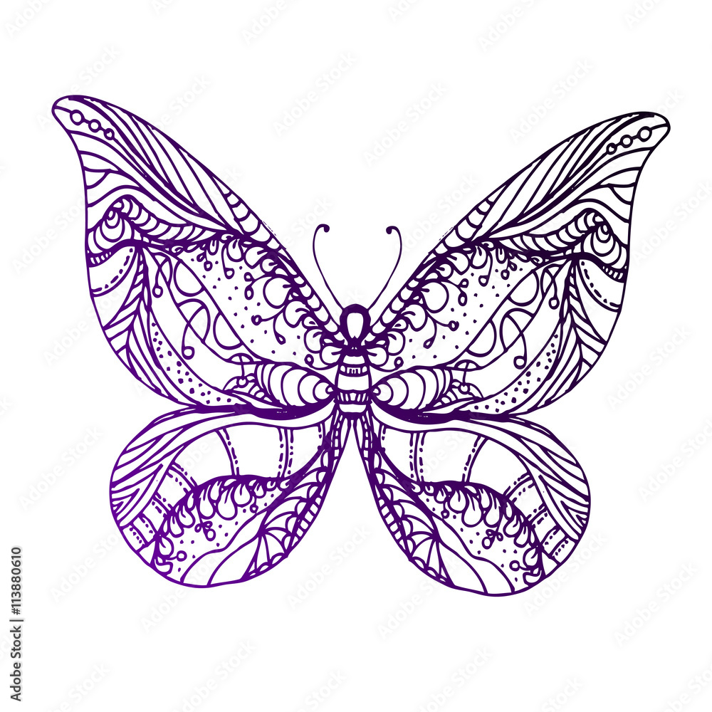 hand drawn ink doodle butterfly on white background. Coloring page - zendala, design for adults, poster, print, t-shirt, invitation, banners, flyers.