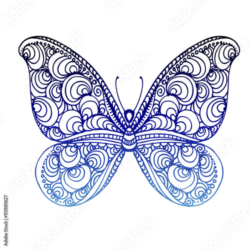 hand drawn ink doodle butterfly on white background. Coloring page - zendala, design for adults, poster, print, t-shirt, invitation, banners, flyers. © alexandrakuz