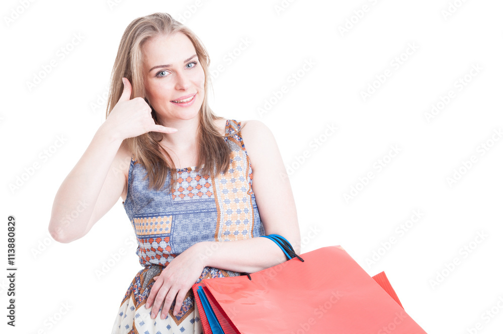 Happy pretty female making a calling gesture with hand Happy pretty female making a calling gesture with hand