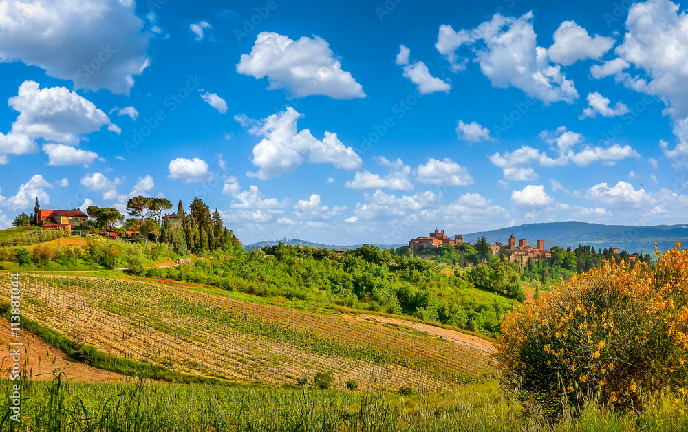 Beautiful tuscan landscape with historic San Gimignano, Certaldo, Tuscany, Italy