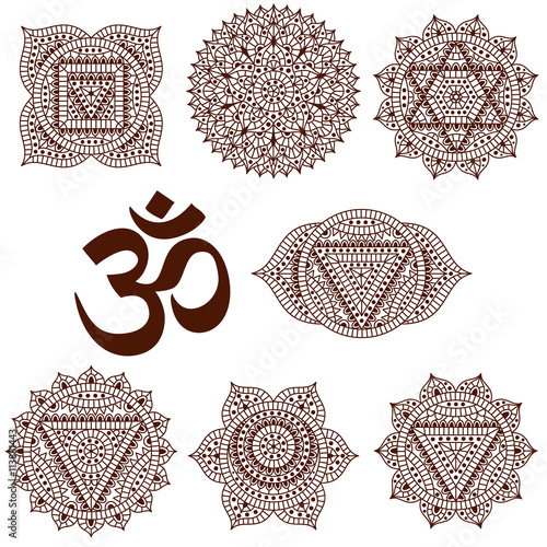 Set of seven chakras. Oriental ornaments for henna tattoo and for your design. Buddhism decorative elements. Vector illustration.