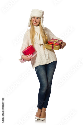 Woman with giftboxes isolated on white