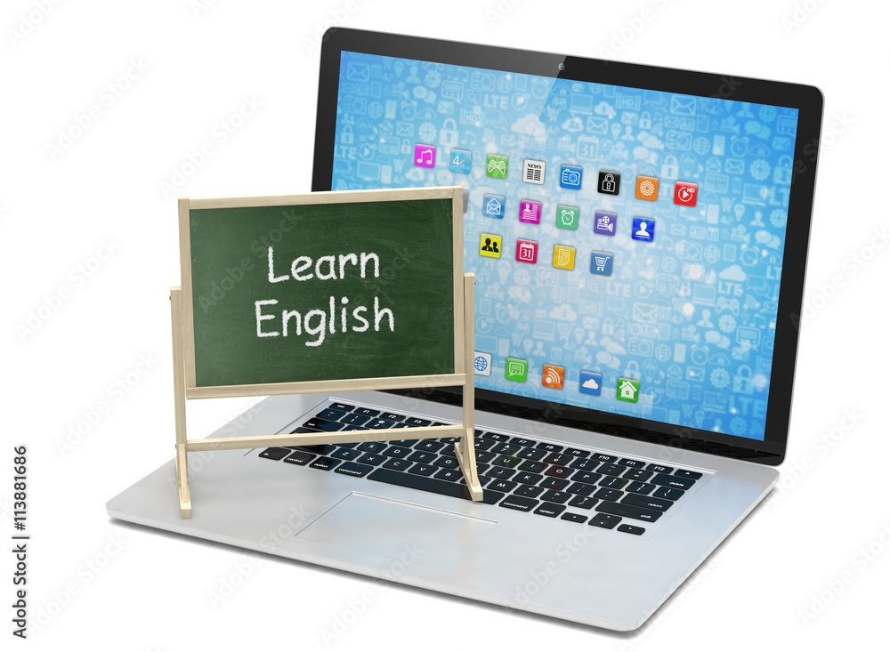 Laptop with chalkboard, learn english, online education concept. 3d rendering. Laptop with chalkboard, learn english, online education concept. 3d rendering.